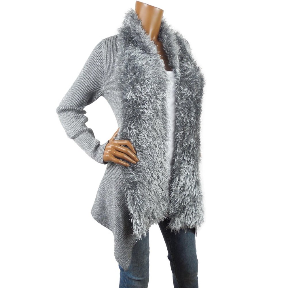 LAUREN MICHELE Top L Cardigan Sweater Silver Gray Metallic Faux Fur Stretch Knit - Picture 1 of 11